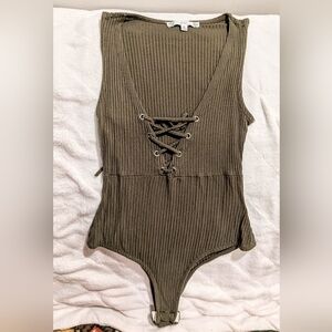 Iris Green Ribbed Bodysuit with Lace-Up Detail